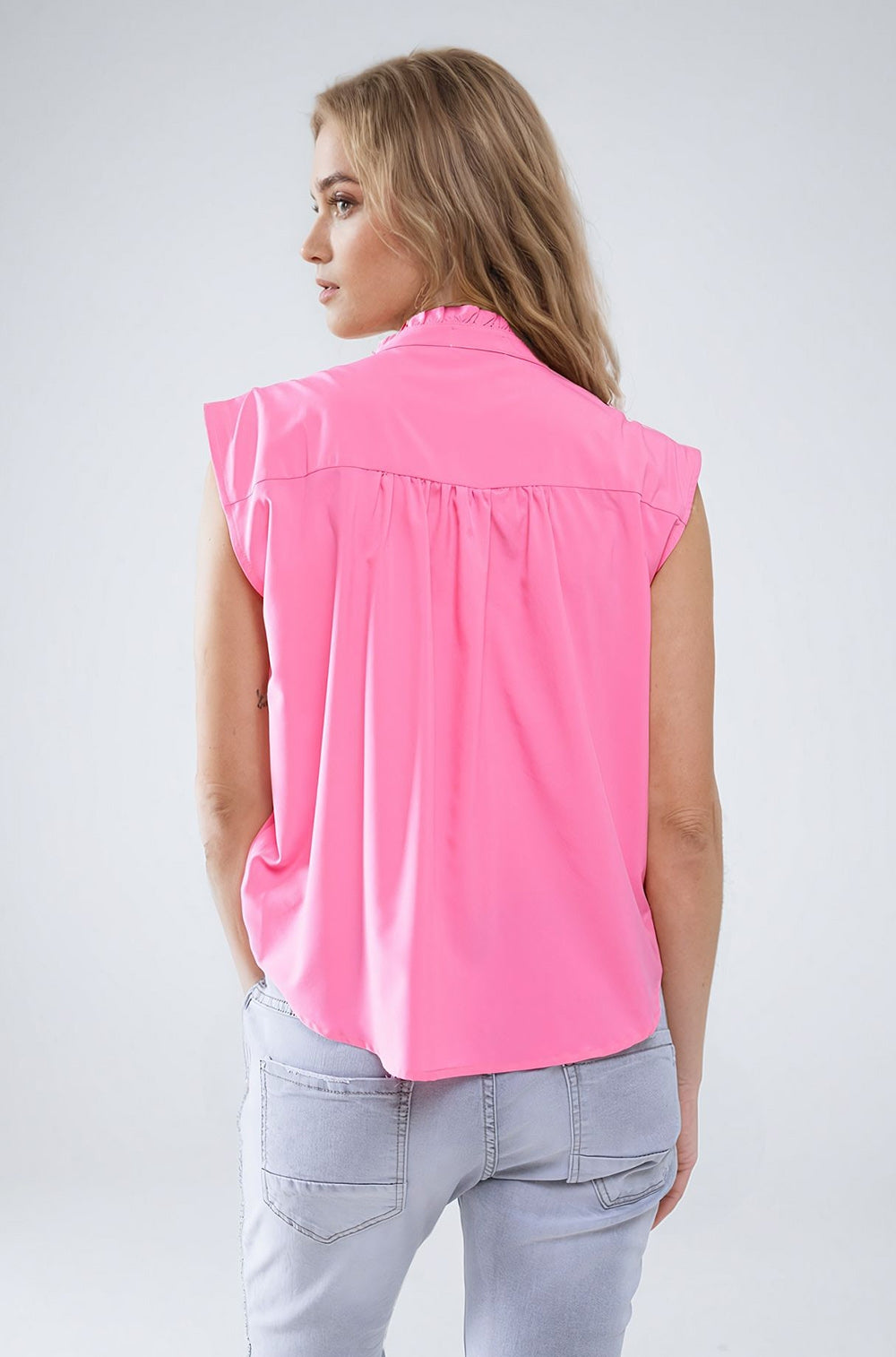 Mao Collar Sleeveless Pink Button up Blouse - Shirts