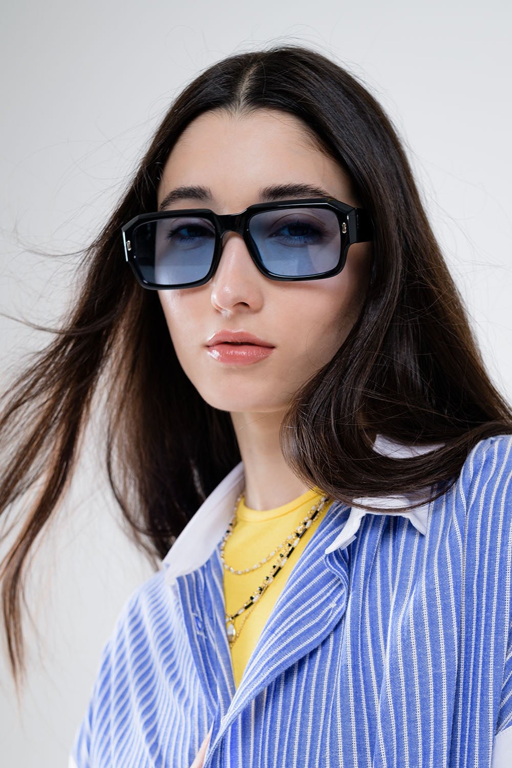 Rectangular Black Frame Sunglasses With Blue Lenses