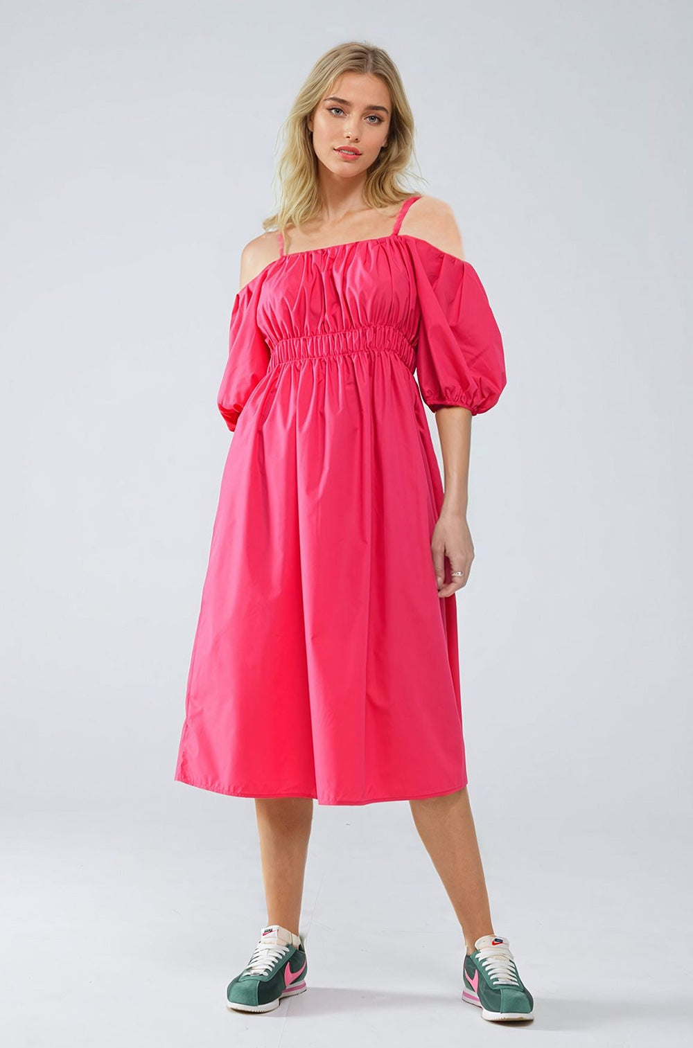 Midi fuchsia dress with short sleeves and straps - dress