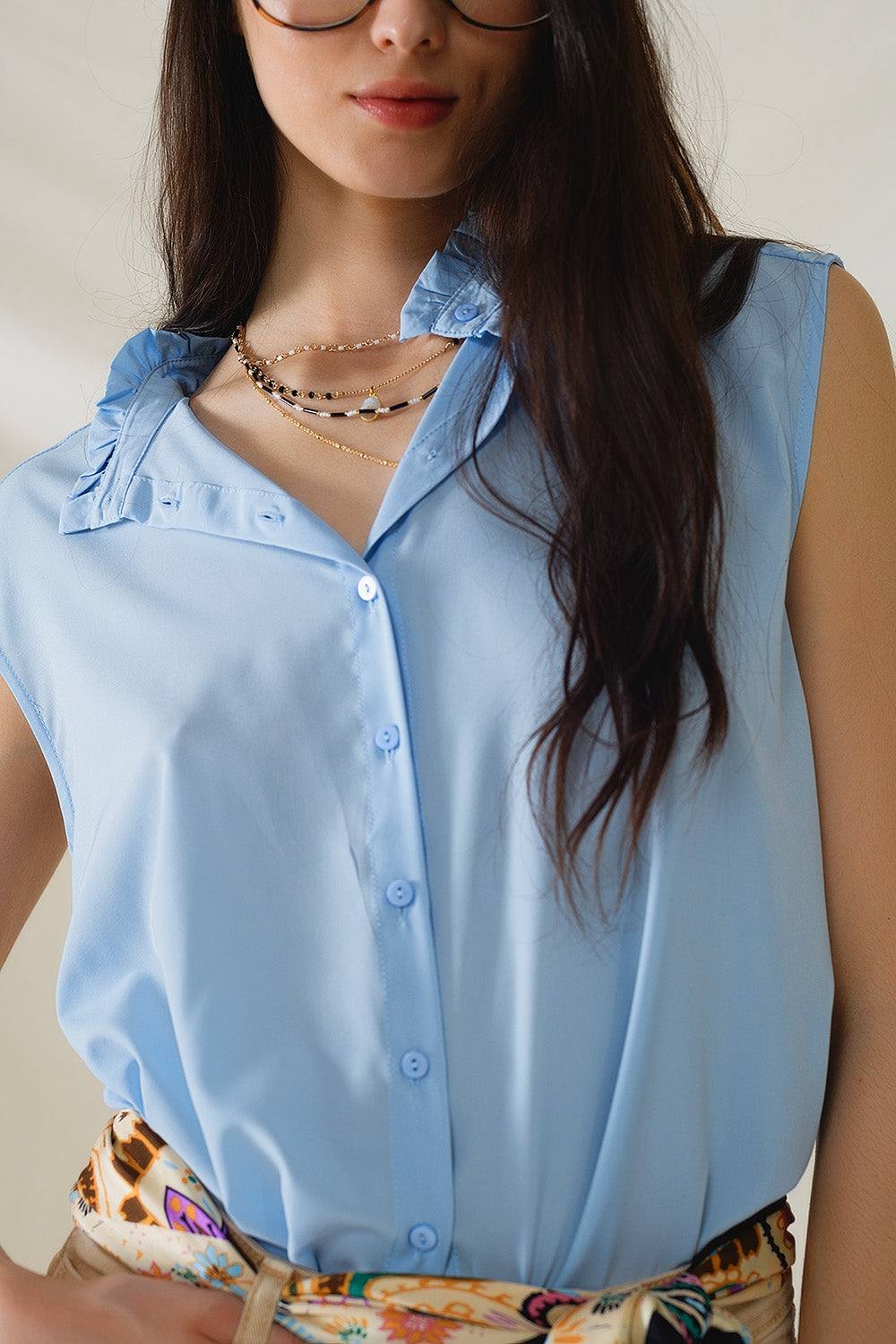 Mao Collar Sleeveless Blue Button up Blouse - Shirts