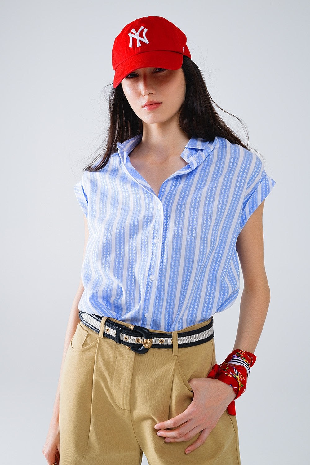 Blue Blouse With Vertical Stripes And Short Sleeves - Shirts