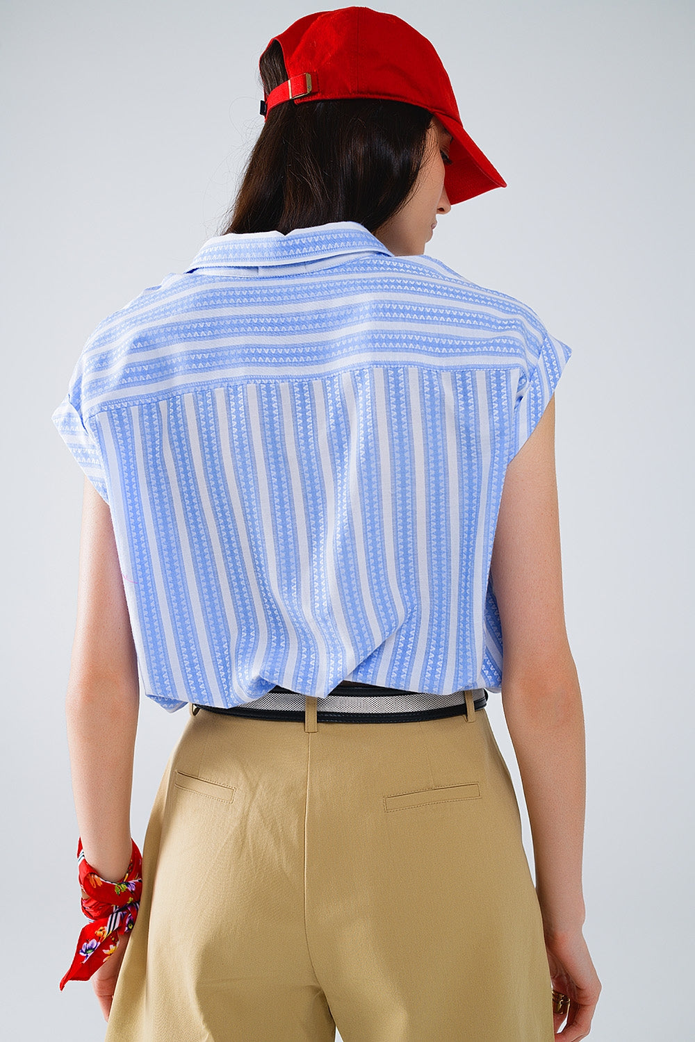 Blue Blouse With Vertical Stripes And Short Sleeves - Shirts