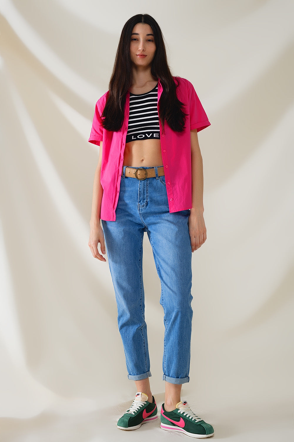 Short Sleeve Relaxed Button Up Shirt in Fuchsia - Shirts