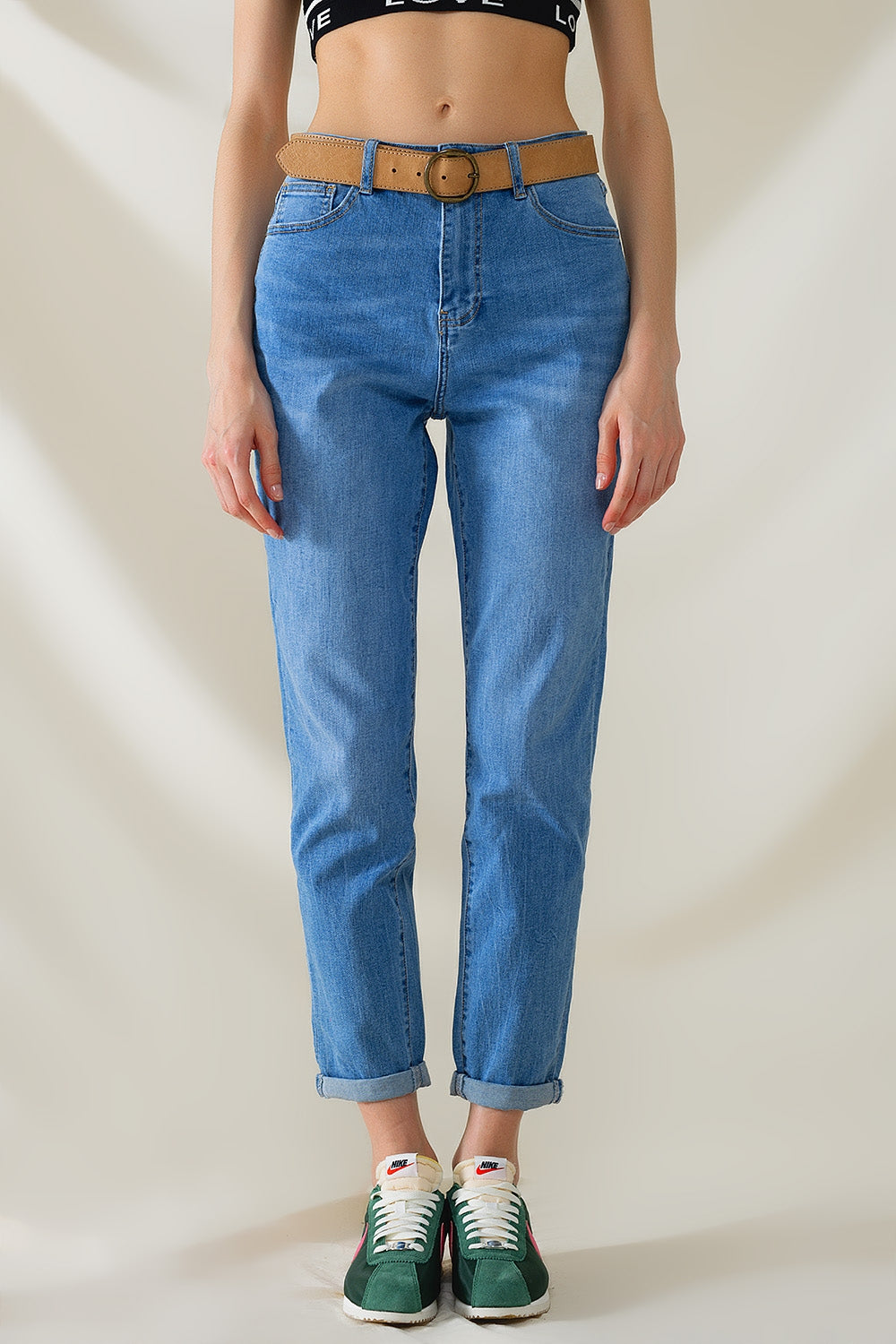High Waist Mom Jeans In Mid Wash Stretch Denim - Denim