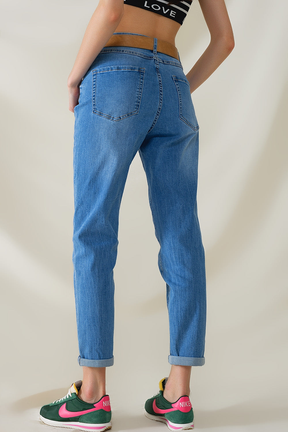 High Waist Mom Jeans In Mid Wash Stretch Denim - Denim