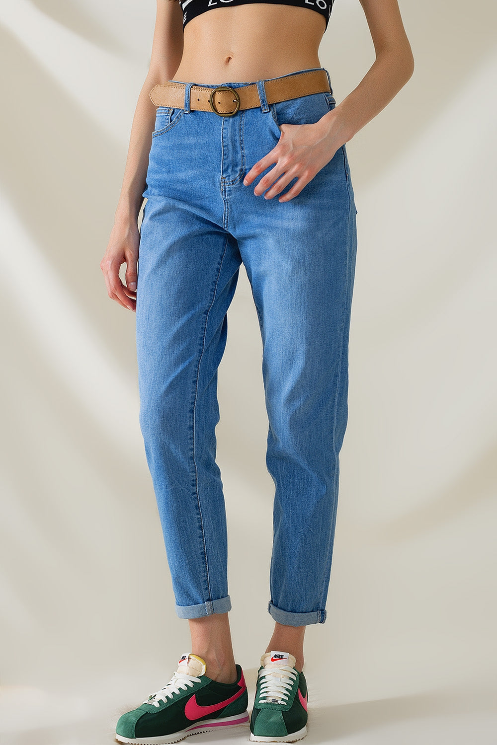 High Waist Mom Jeans In Mid Wash Stretch Denim - Denim