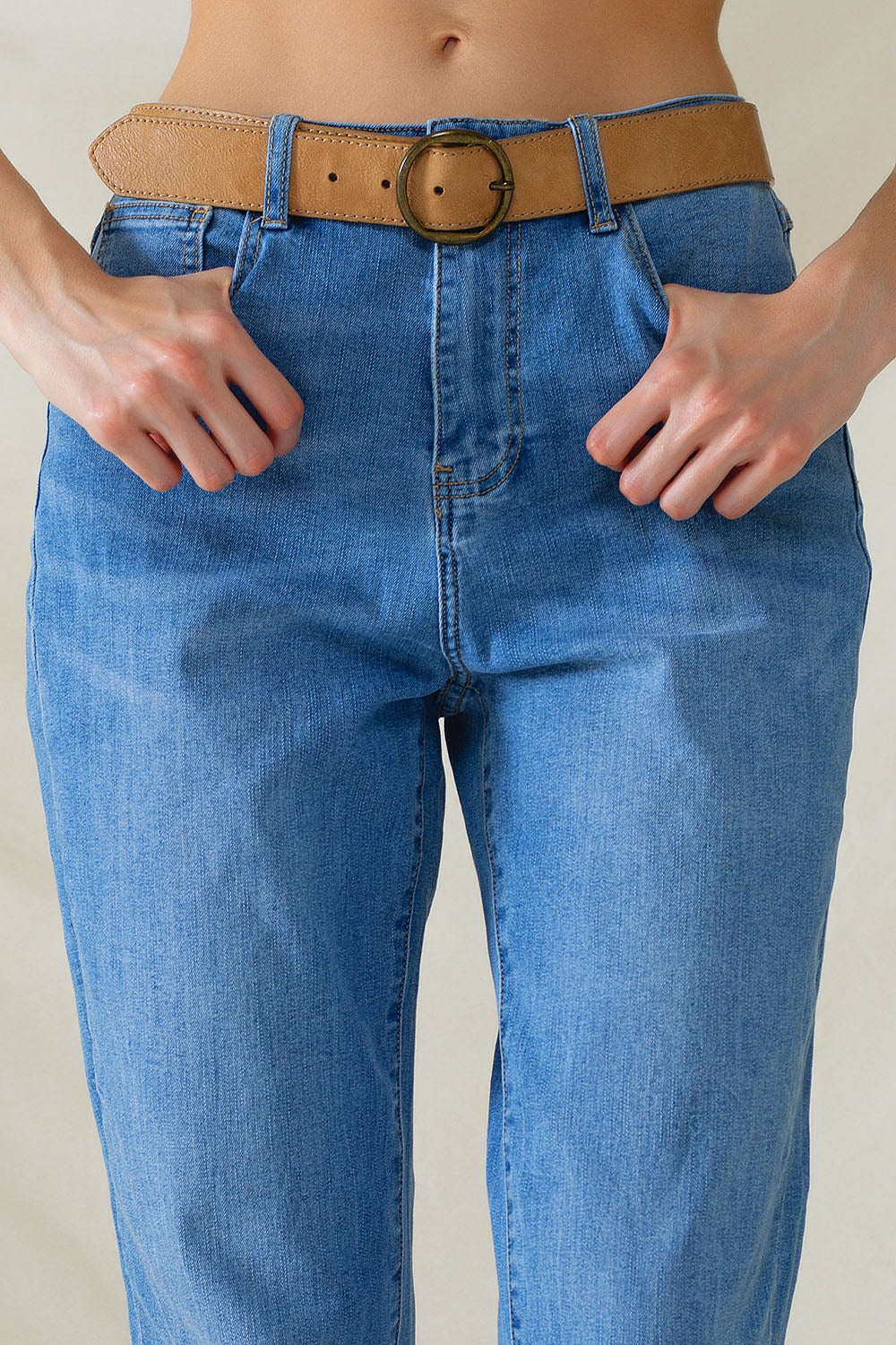 High Waist Mom Jeans In Mid Wash Stretch Denim - Denim
