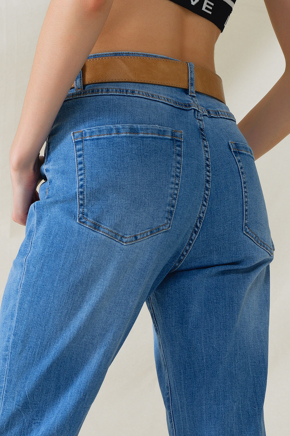 High Waist Mom Jeans In Mid Wash Stretch Denim - Denim