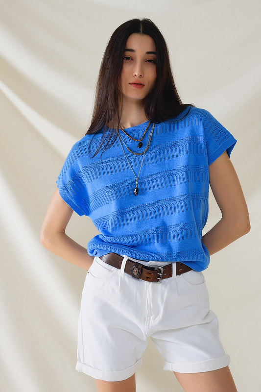 Sweatshirt In Blue With Lace Design and Short sleeves - jumper
