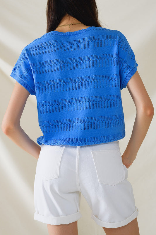 Sweatshirt In Blue With Lace Design and Short sleeves - jumper