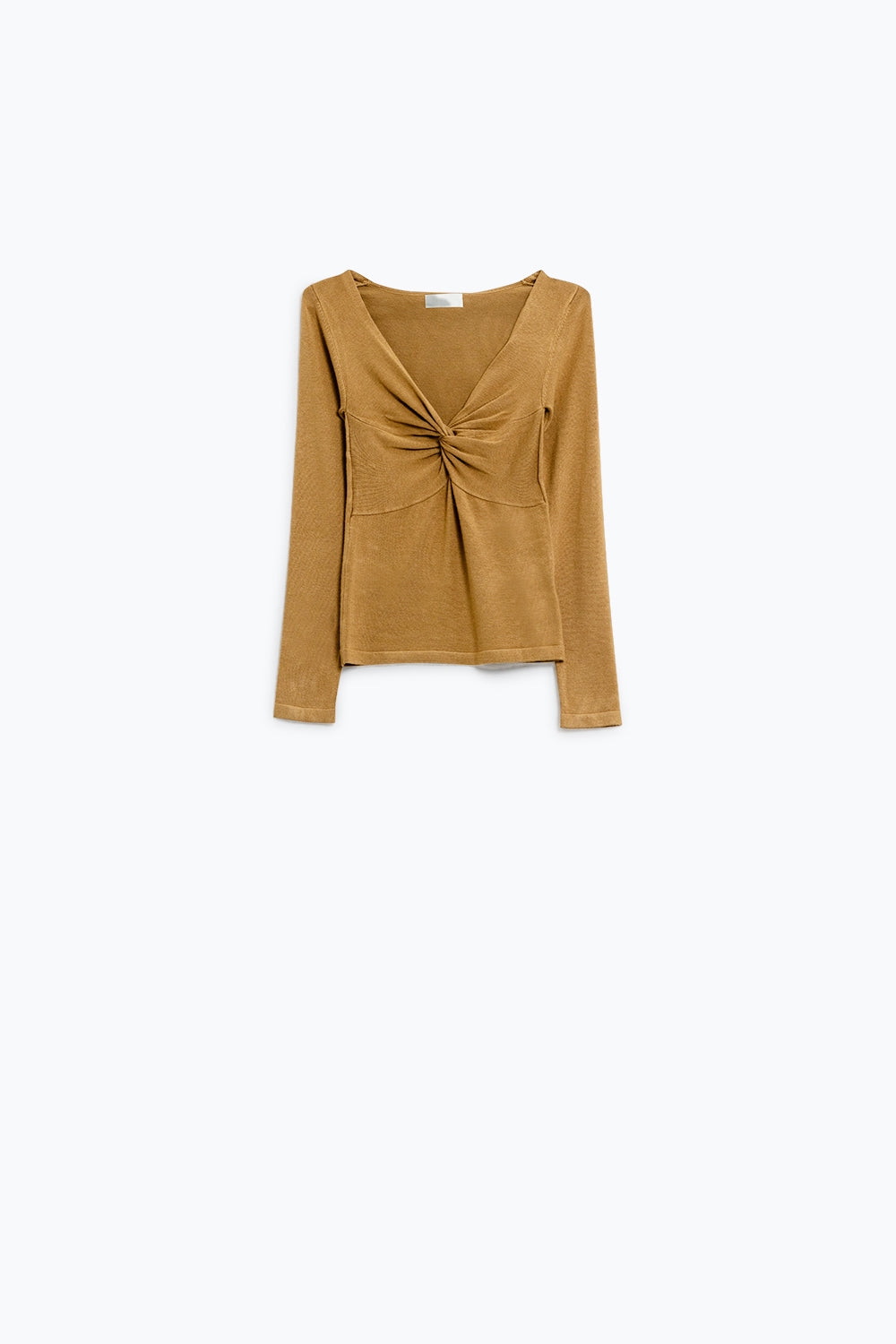 Beige Long Sleeve Shirt With Knot Detail and V-neck