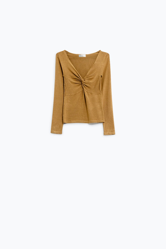 Beige Long Sleeve Shirt With Knot Detail and V-neck