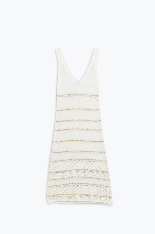 White Midi Sleeveless Dress With V-neck and Crochet Design - dress