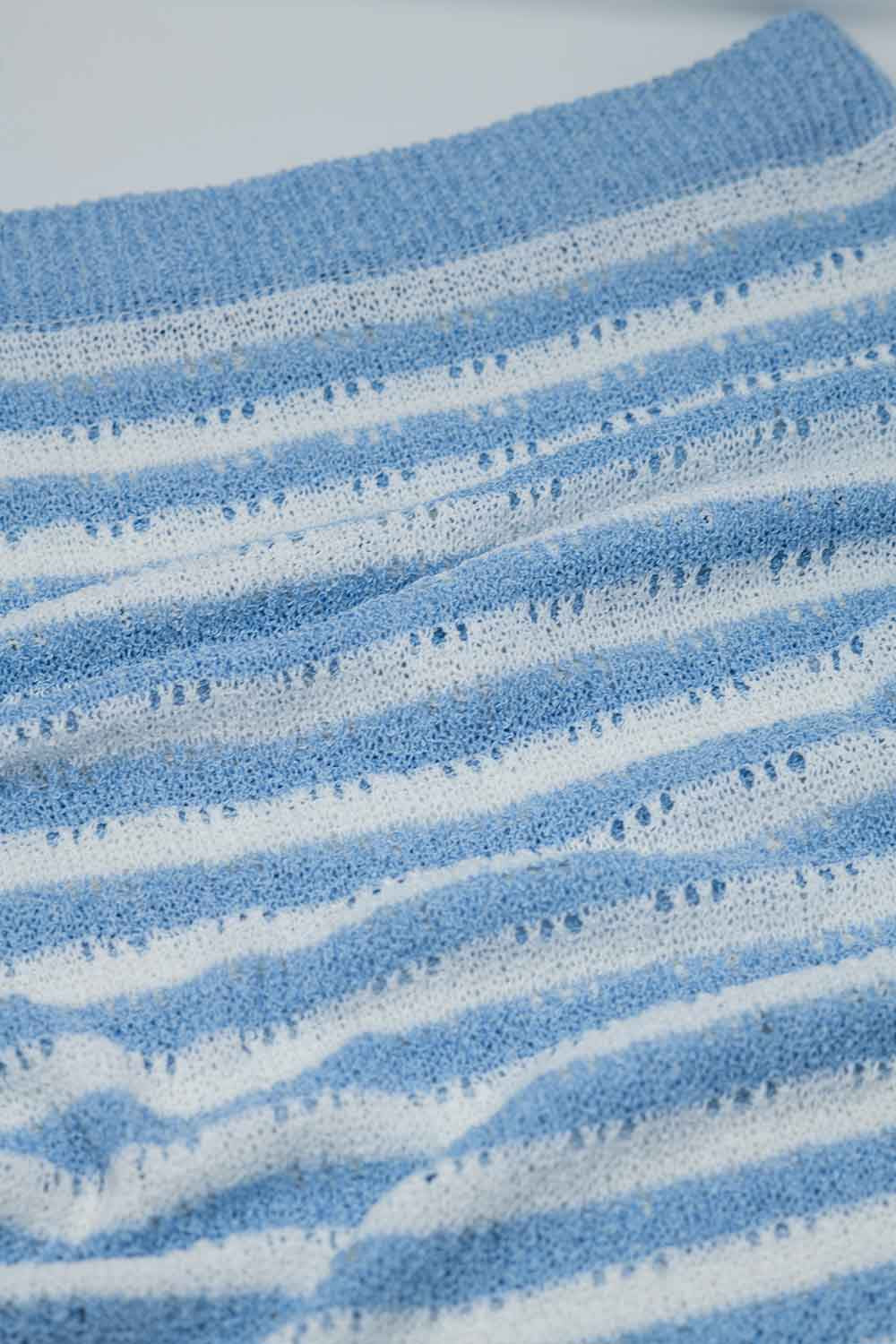 Midi Crochet White Skirt With Blue Stripes and Fringe Hem