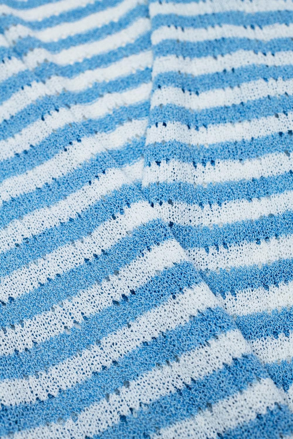 Blue Boho Style Cardigan With Stripes Pointelle Knit and Fringe Details