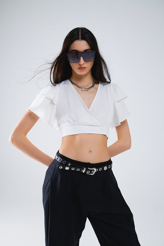 White Crop Top With Short Sleeves And V-neck - top