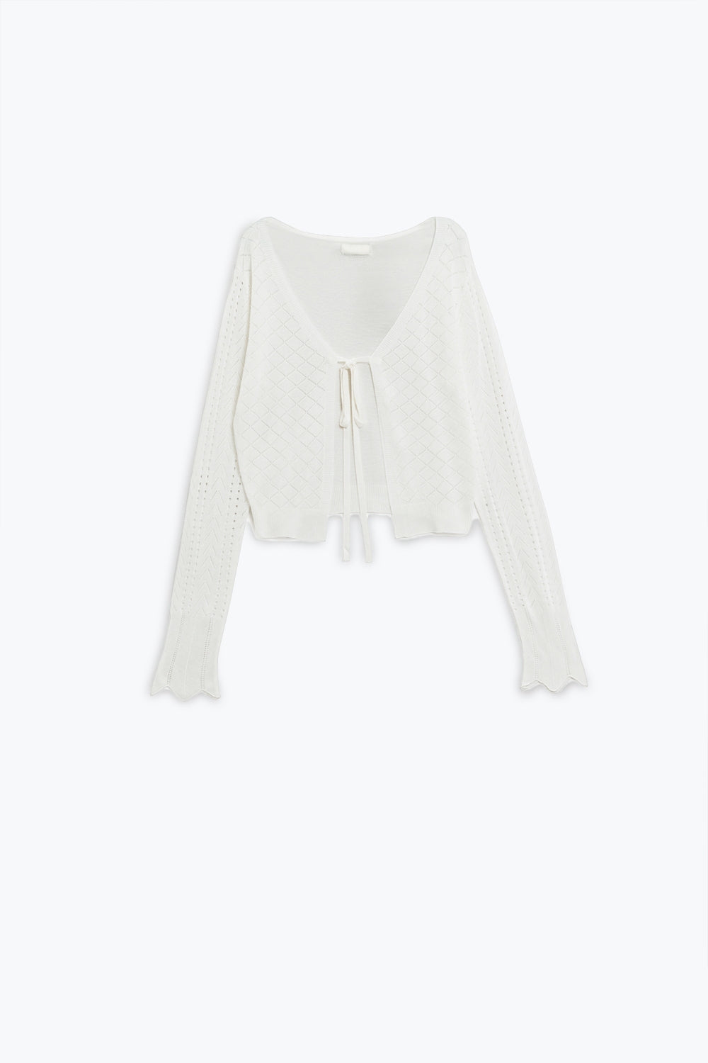 White Cardigan with Argyle Print and Tie Closing