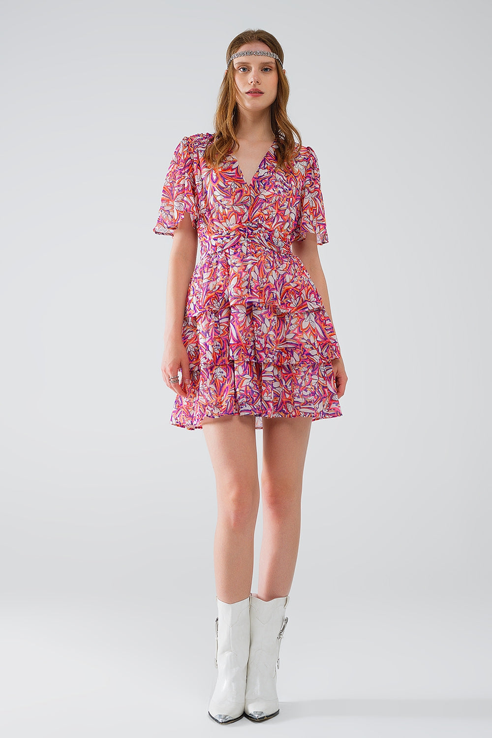 Robe courte en mousseline multicolore à imprimé floral et froncée