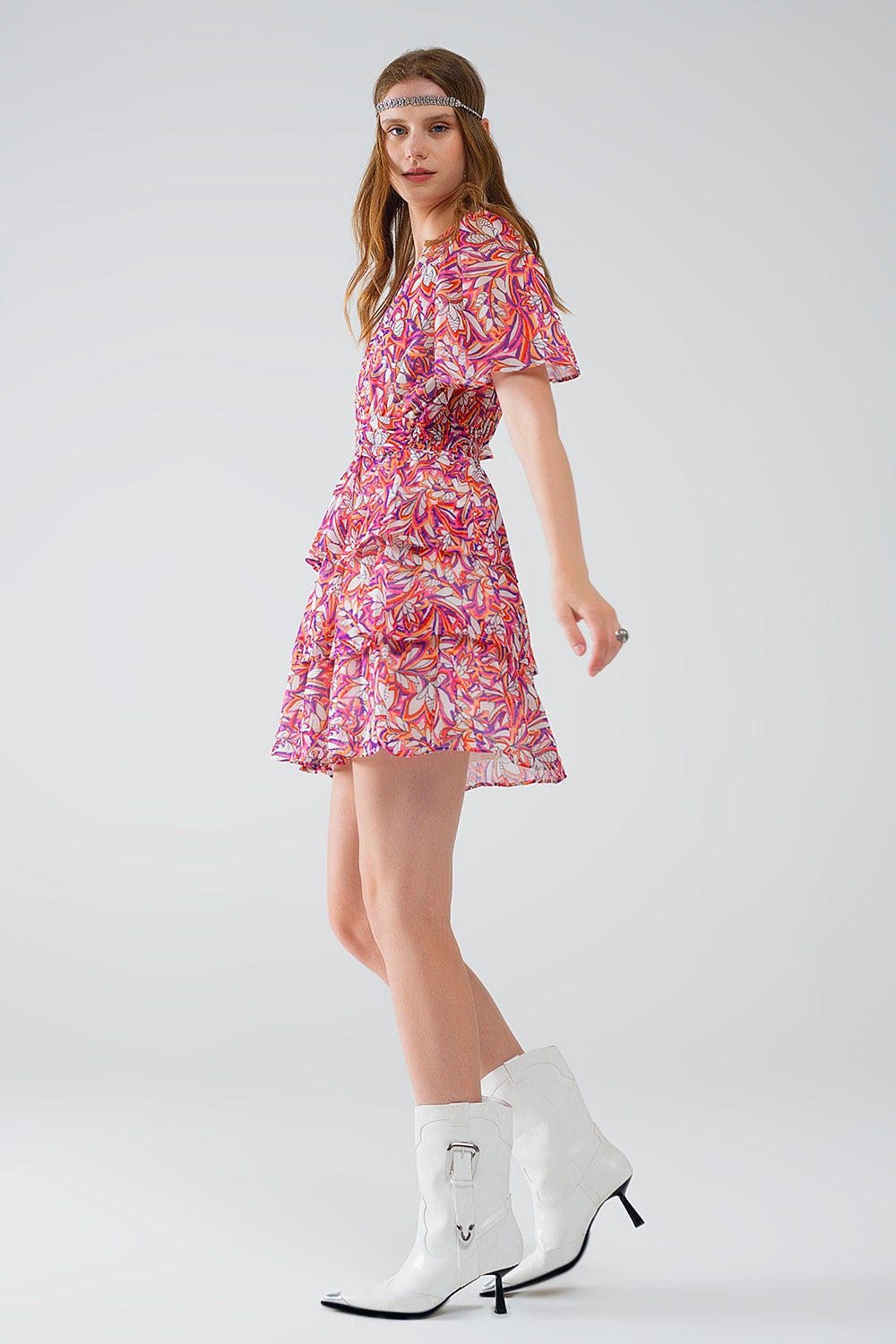 Short Multicolor chiffon Dress with Floral print and Ruched Design - dress