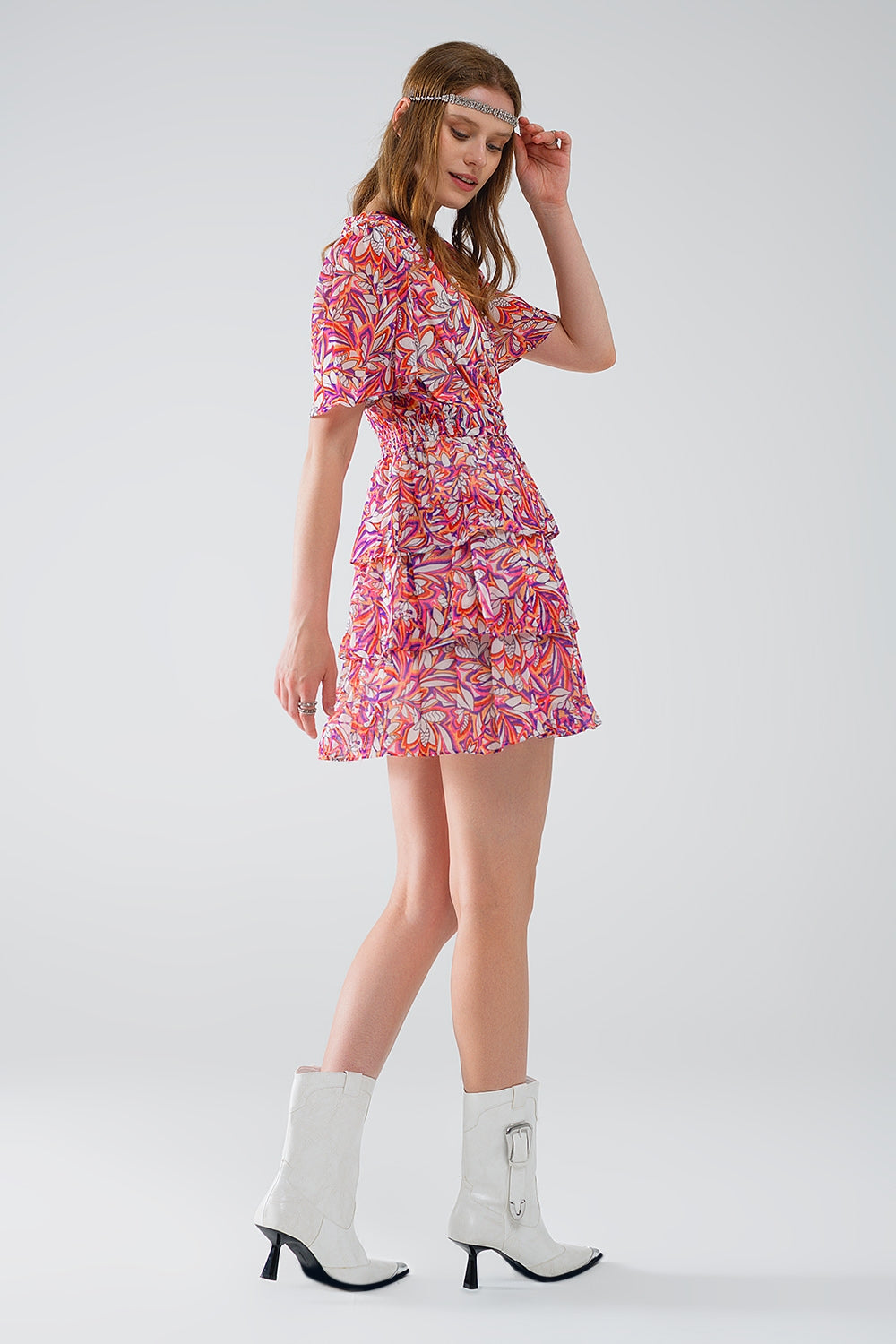 Short Multicolor chiffon Dress with Floral print and Ruched Design - dress