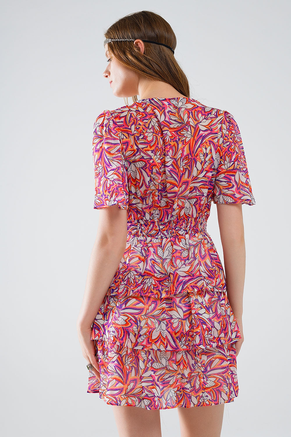 Short Multicolor chiffon Dress with Floral print and Ruched Design - dress