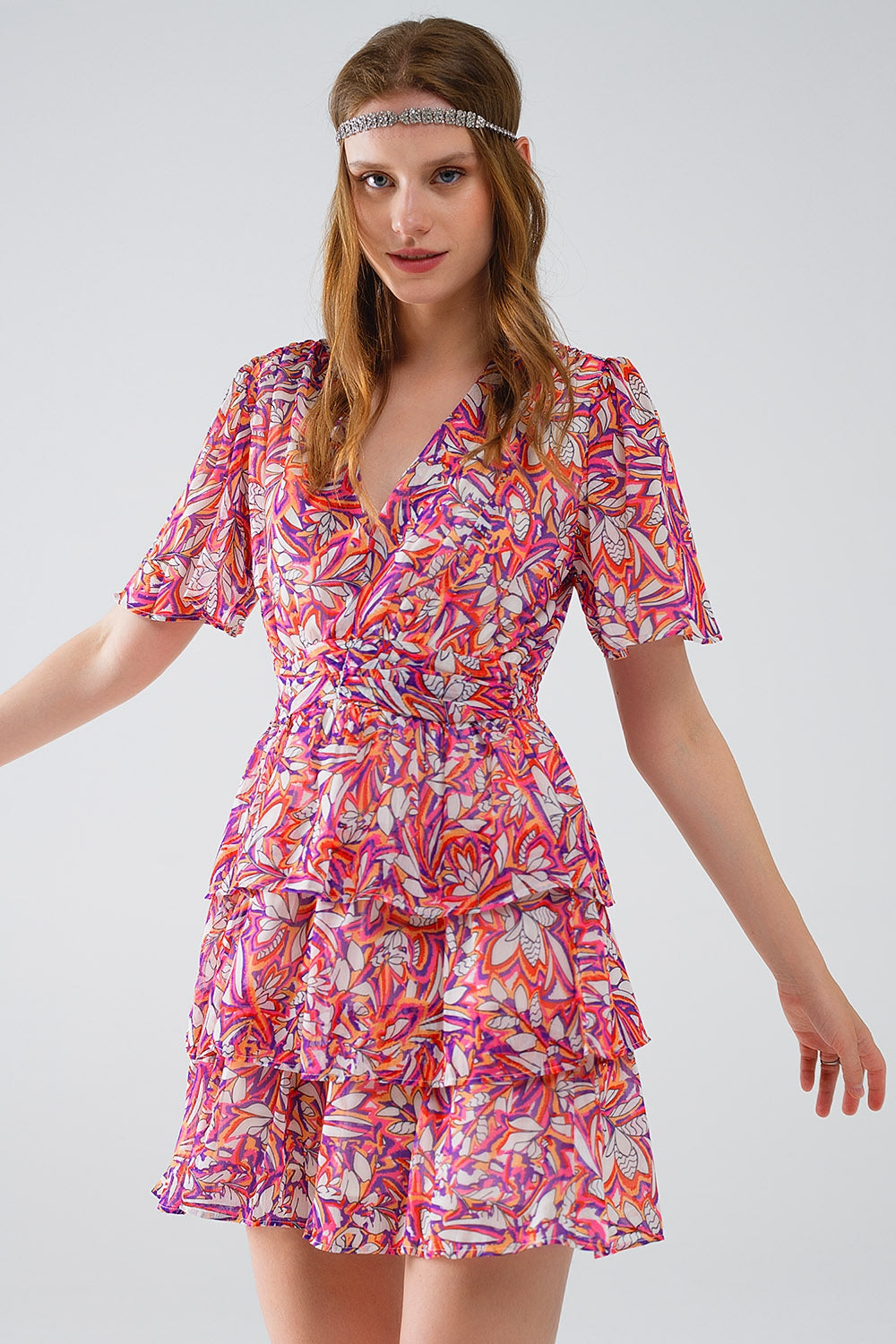 Short Multicolor chiffon Dress with Floral print and Ruched Design - dress