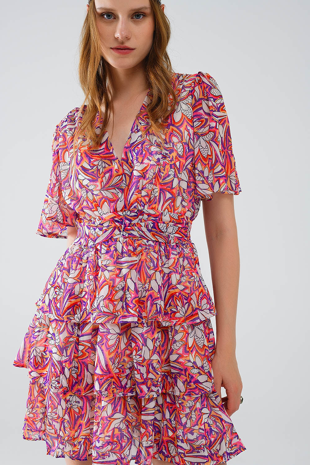 Short Multicolor chiffon Dress with Floral print and Ruched Design - dress