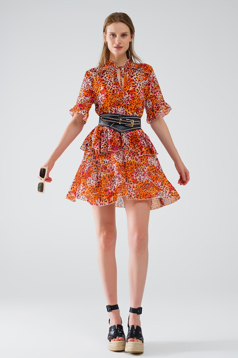 Robe courte à imprimé animal orange et blanc