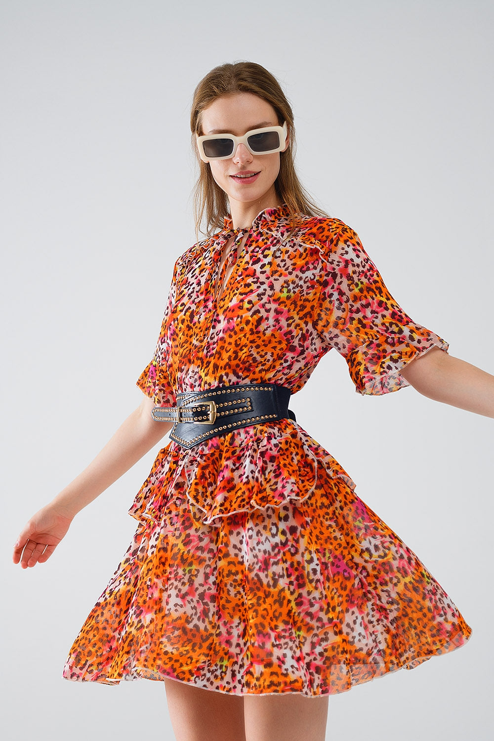 Short Dress with Animal Print in Orange and White - dress