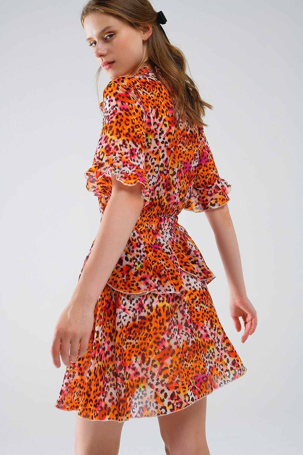 Short Dress with Animal Print in Orange and White - dress