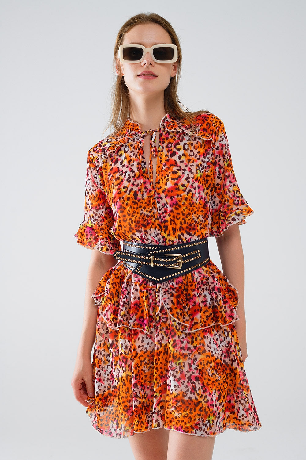 Short Dress with Animal Print in Orange and White - dress