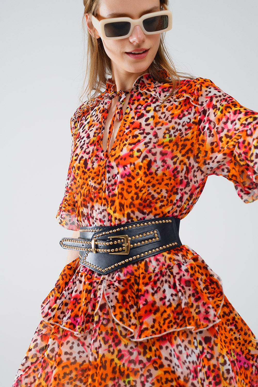 Short Dress with Animal Print in Orange and White - dress