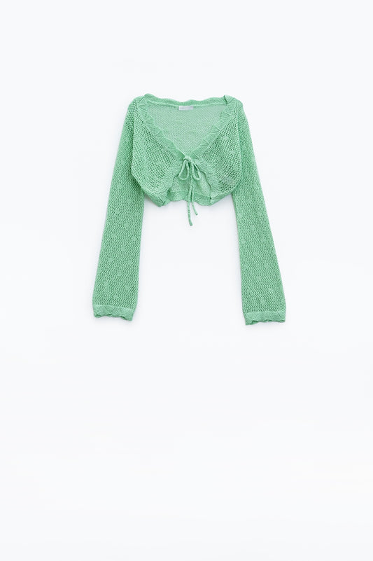 Green short crochet cardigan with lurex detail