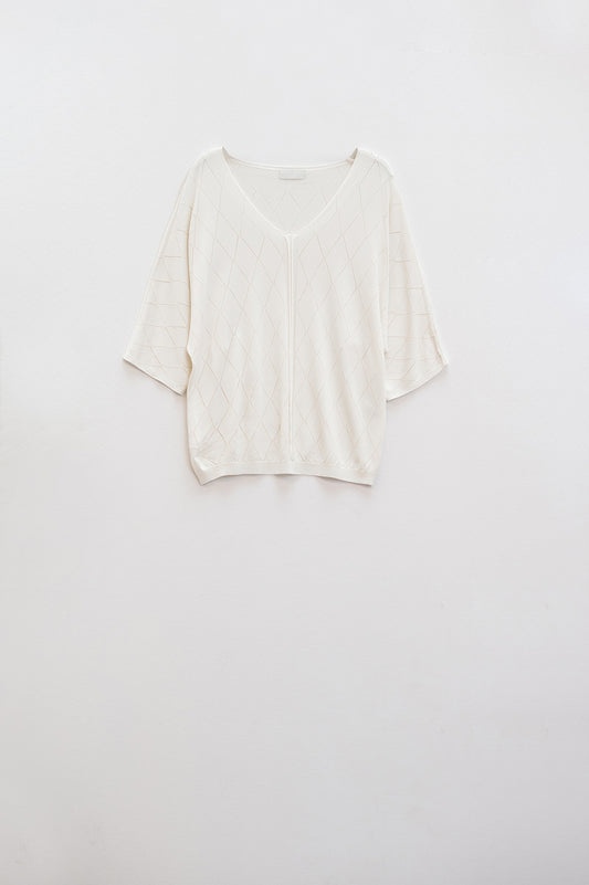 Beige Short Sleeve Sweater With Argyle Pattern - jumper
