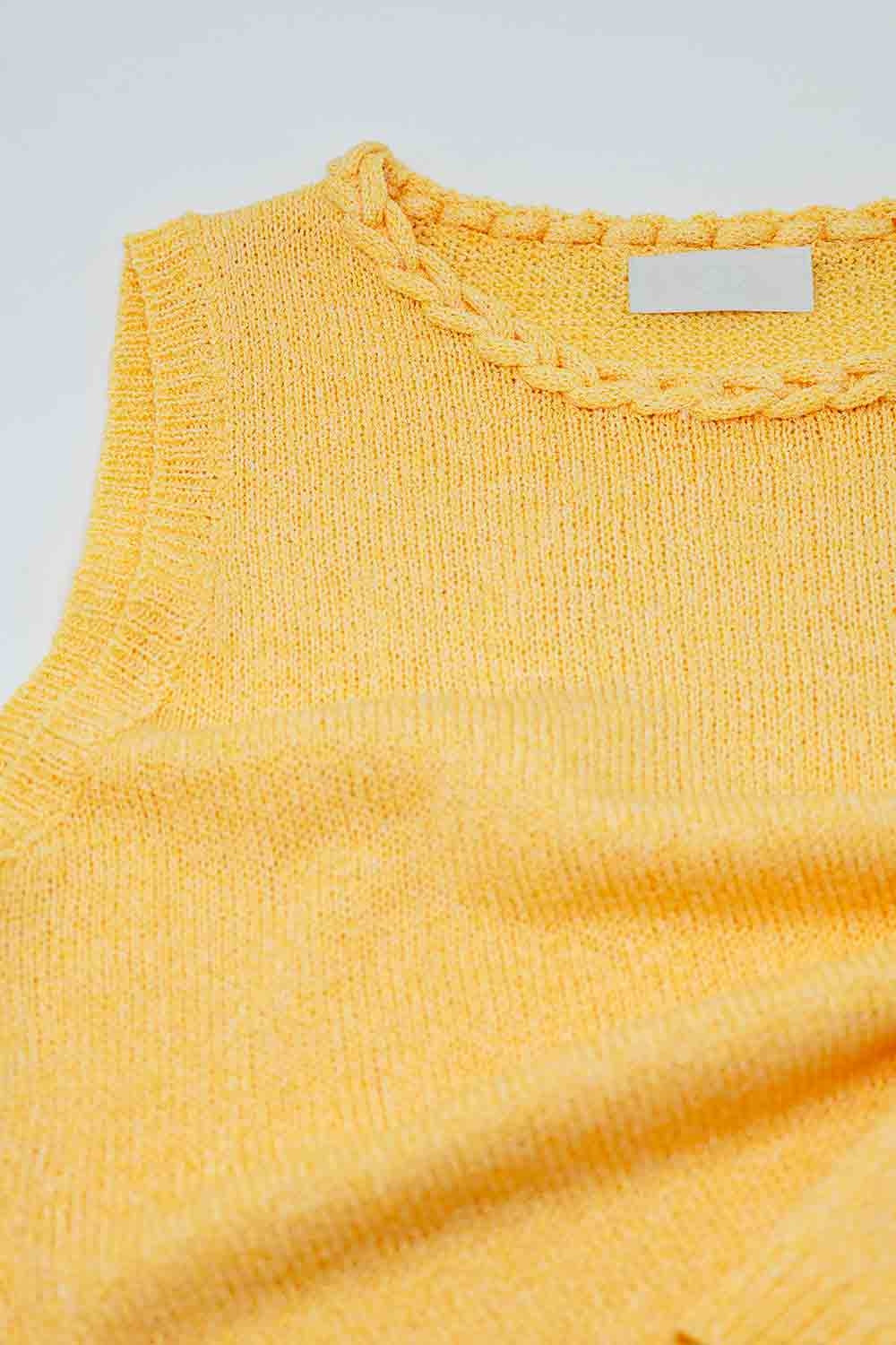 Sleeveless Yellow Sweater With Crew Neckline And Braid Detail At Neckline