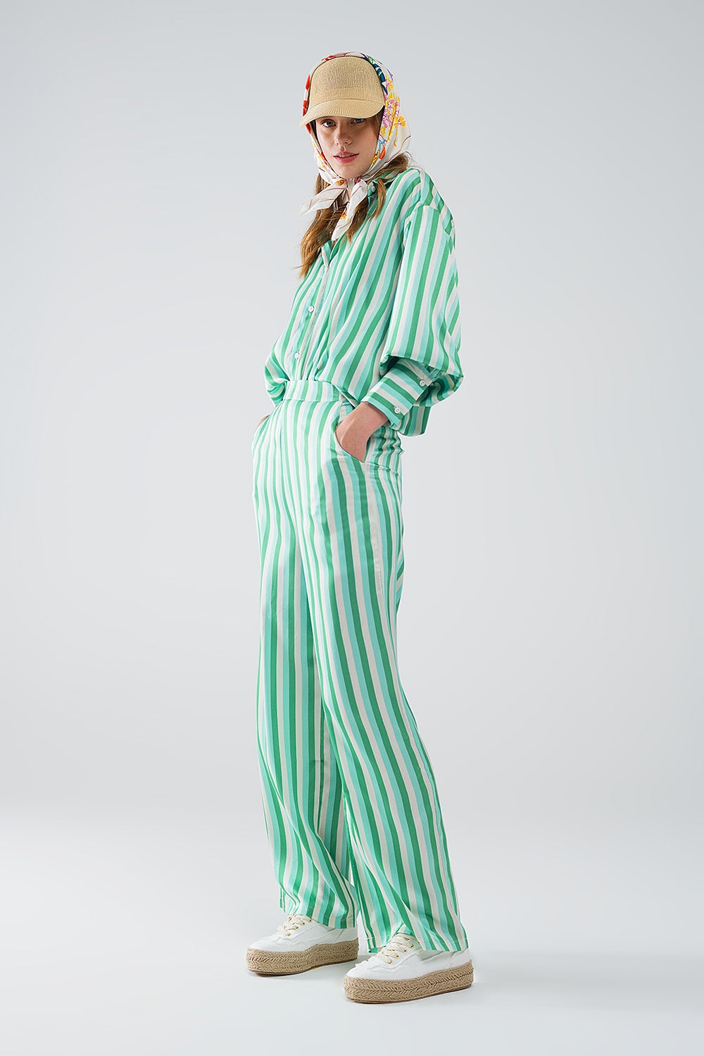 Vertical Striped Straight Leg satin Pants in Green - trousers