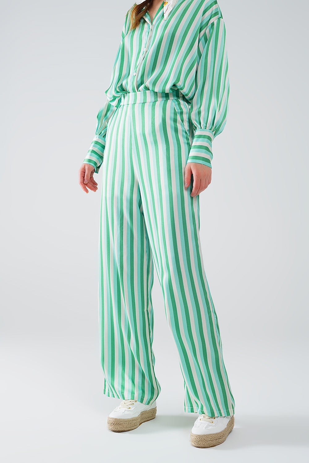 Vertical Striped Straight Leg satin Pants in Green - trousers
