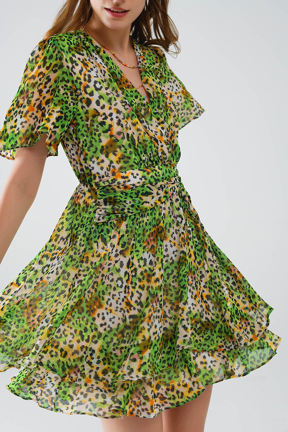 Short Green Multicolored Dress With Crossed Top with Animal Print - dress