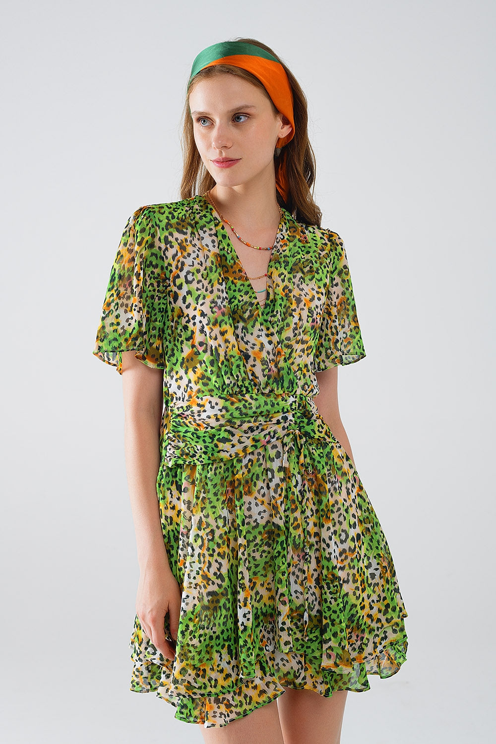 Short Green Multicolored Dress With Crossed Top with Animal Print - dress