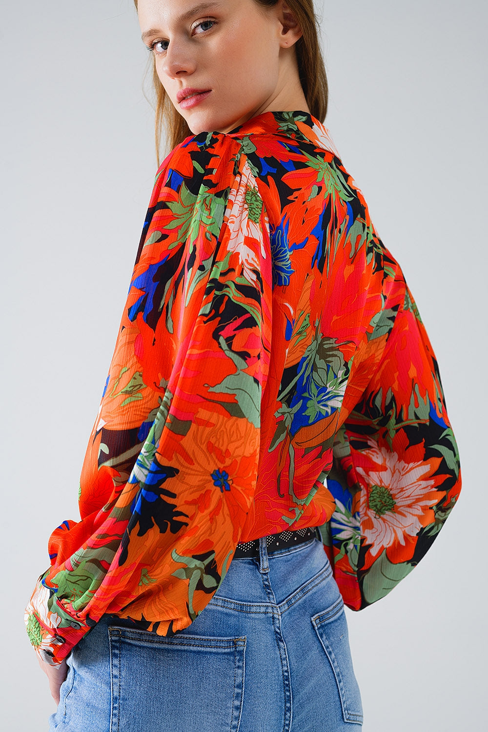 Floral Balloon Sleeves chiffon Shirt in Black - Shirts