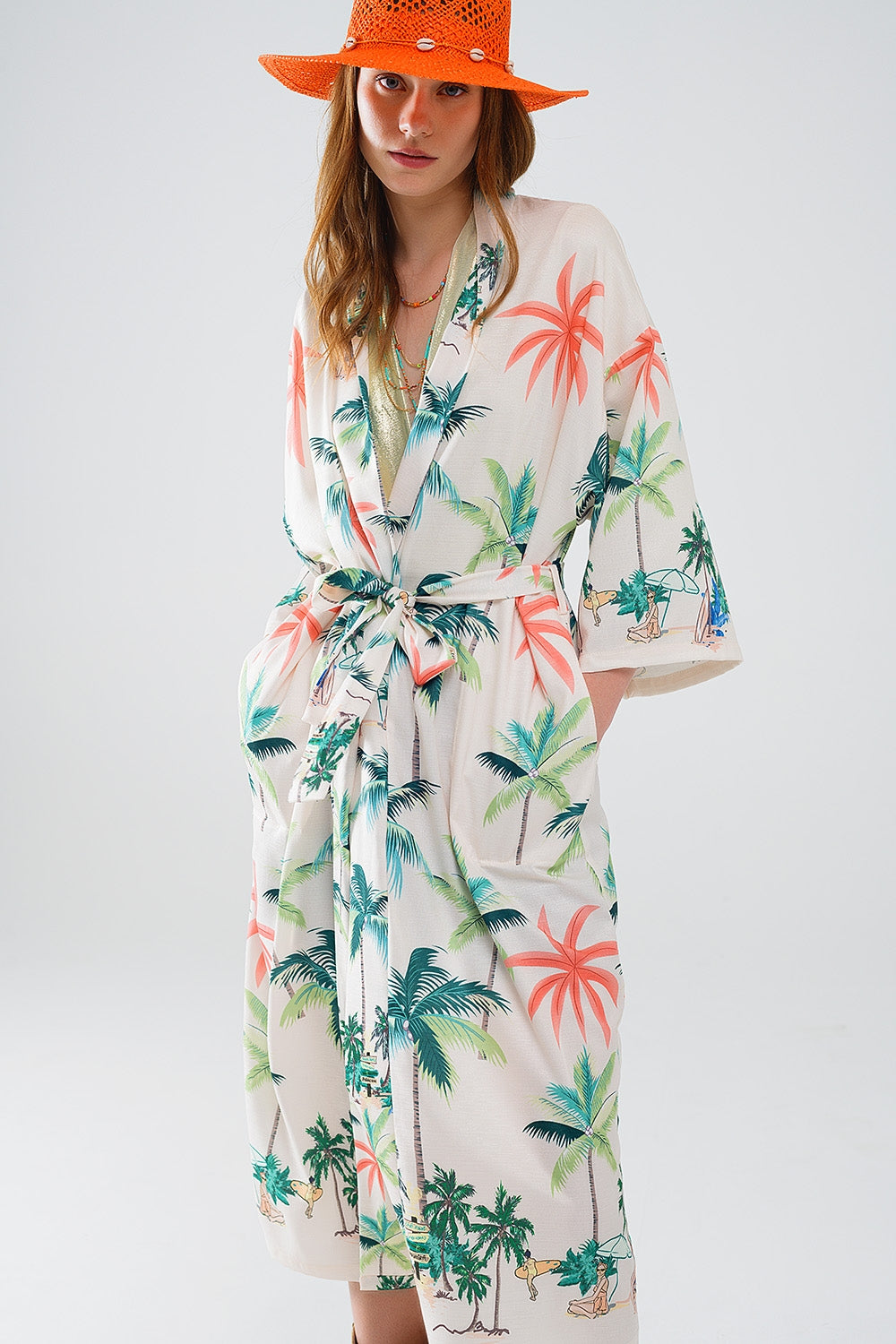Cream Open Kimono with Beach Print in Midi Length