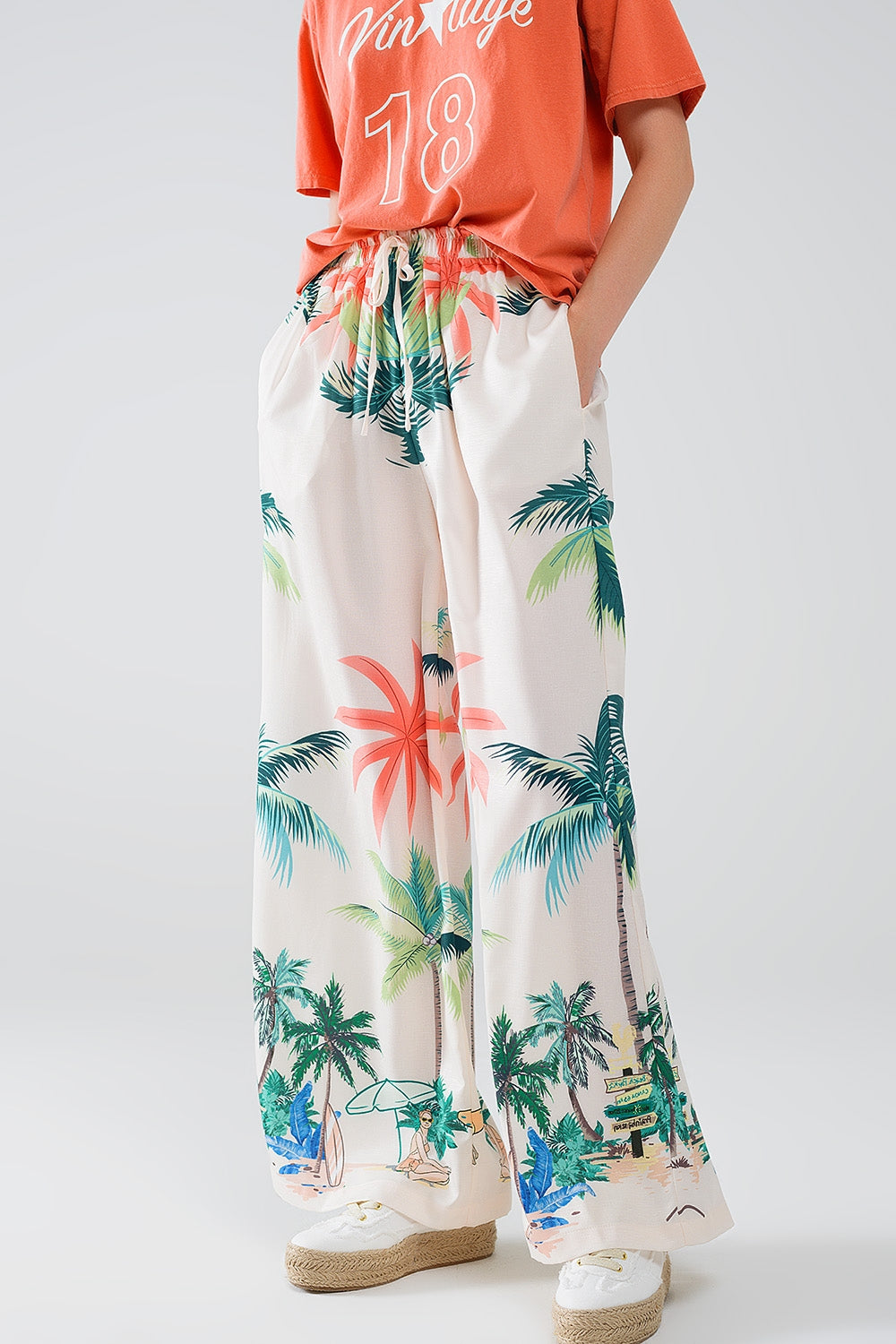 Cream Straight Leg Pants with Beach Print and Elastic Waist - trousers