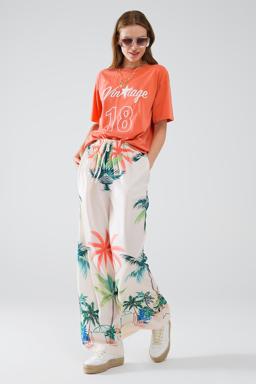 Cream Straight Leg Pants with Beach Print and Elastic Waist - trousers