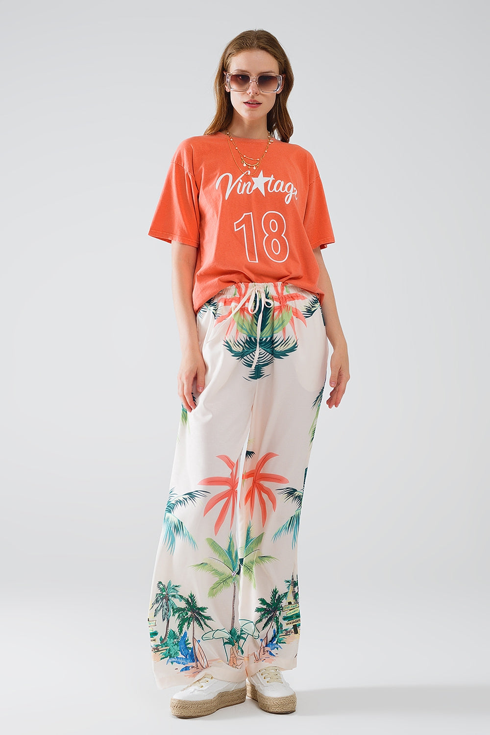 Cream Straight Leg Pants with Beach Print and Elastic Waist - trousers
