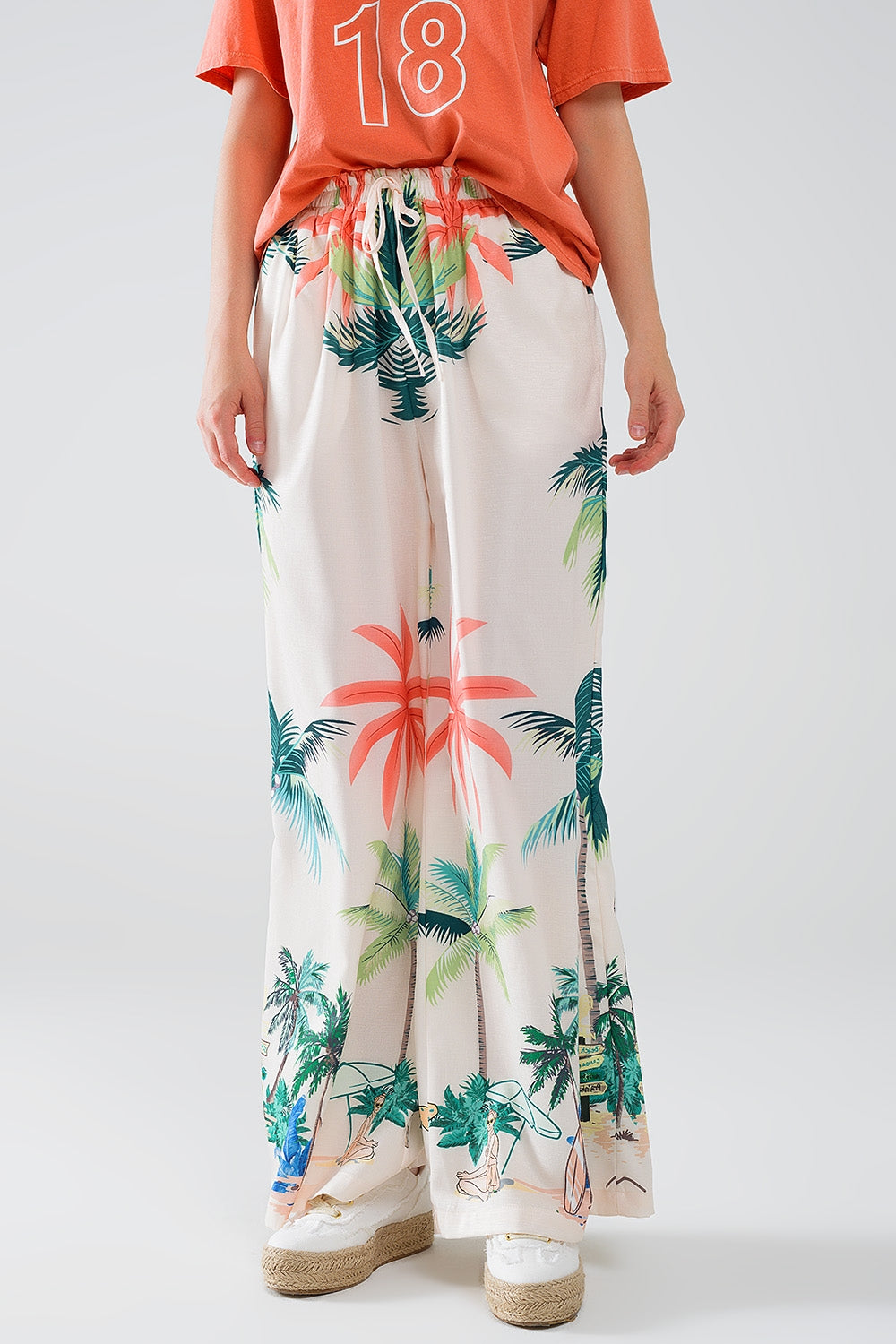 Cream Straight Leg Pants with Beach Print and Elastic Waist - trousers
