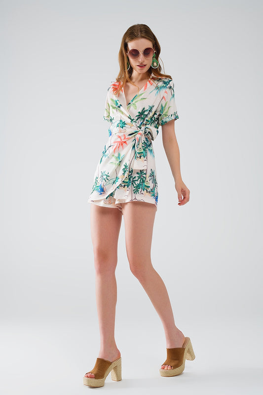 Cream Jumpsuit with beach Print and Crossed Top - jumpsuit