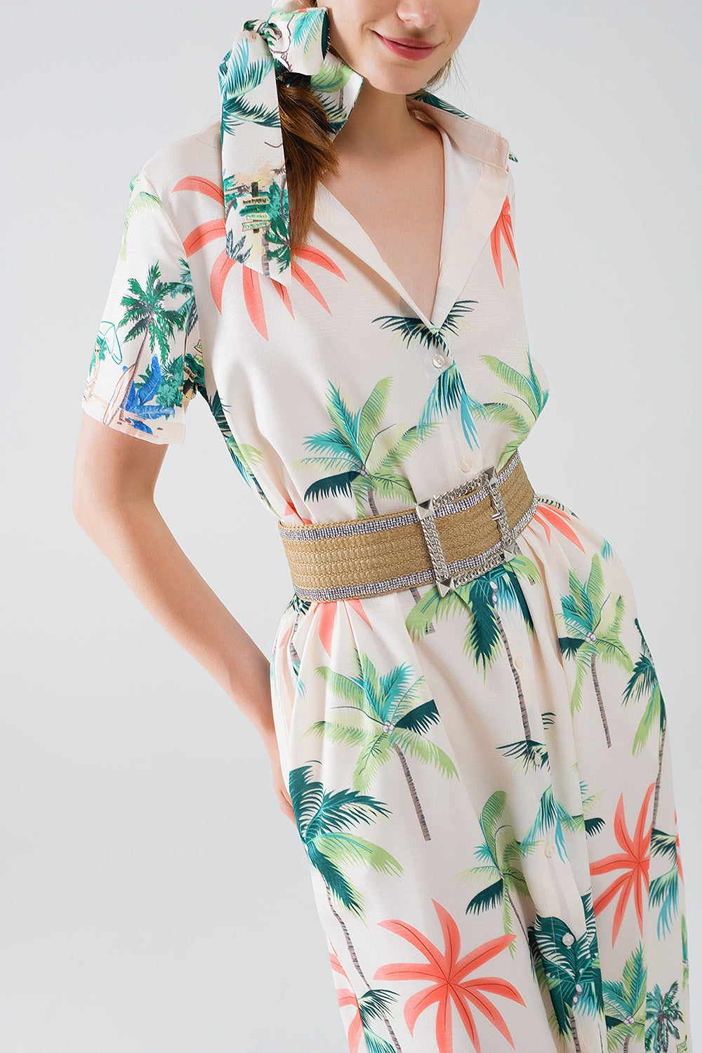 Cream Midi Dress with Beach Print and Polo Collar - dress