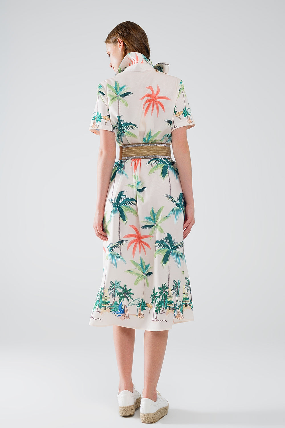 Cream Midi Dress with Beach Print and Polo Collar - dress