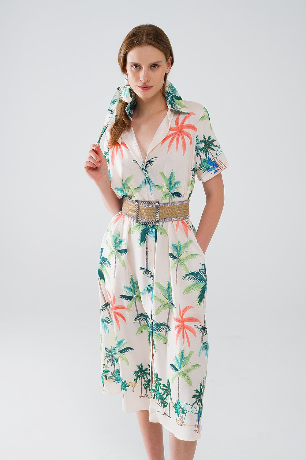 Cream Midi Dress with Beach Print and Polo Collar - dress