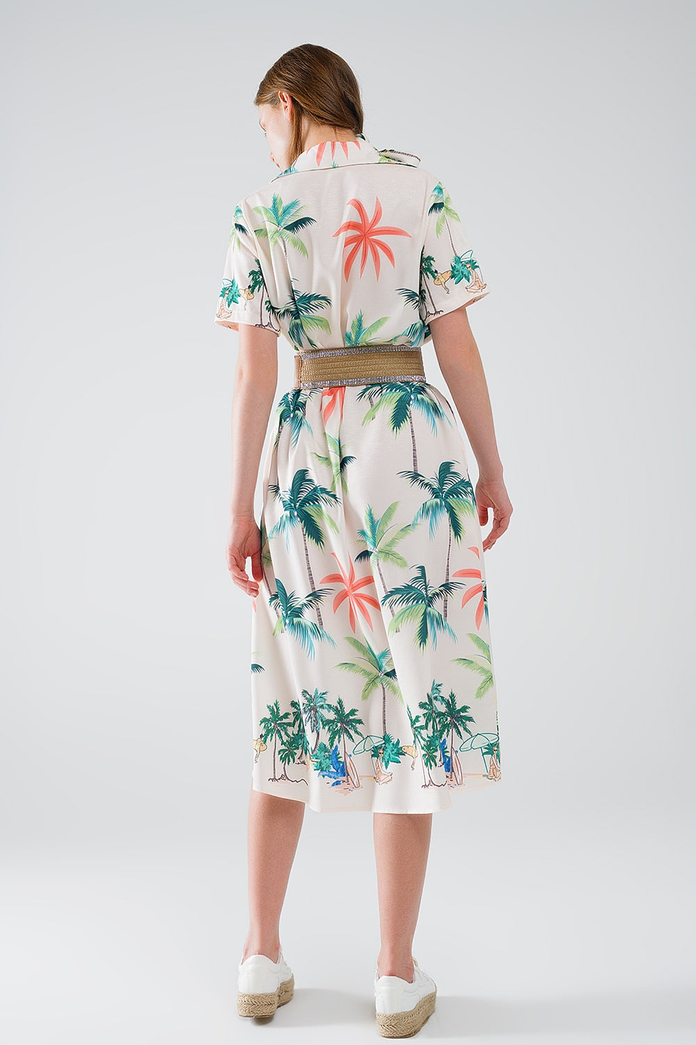 Cream Midi Dress with Beach Print and Polo Collar - dress